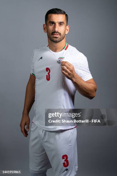 Ehsan Hajisafi of IR Iran poses during the official FIFA World Cup Qatar 2022 portrait session on November 15, 2022 in Doha, Qatar.