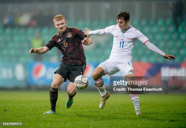 Robert Wagner of Germany in action with Jachym Sip of the Czech Republic during the international friendly match between Czech Republic U20 and...