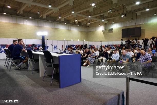 James Maddison of England speaks to the media during an England Press Conference at Al Wakrah Stadium on November 16, 2022 in Doha, Qatar.