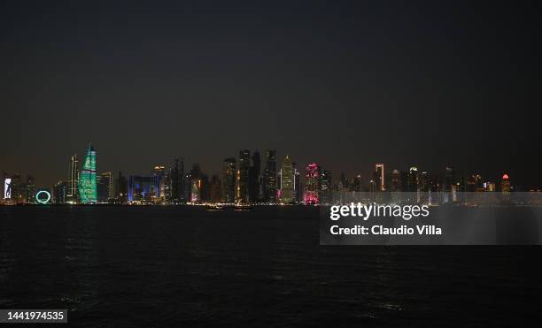 Night view of Corniche lights ahead of the FIFA World Cup Qatar 2022 at Doha Corniche on November 16, 2022 in Doha, Qatar.