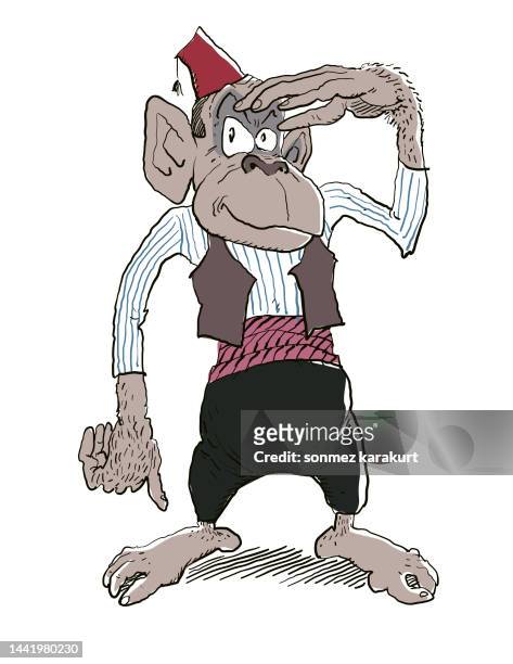 stockillustraties, clipart, cartoons en iconen met a monkey wearing a fez hat and authentic arab middle eastern clothing - fez hoed
