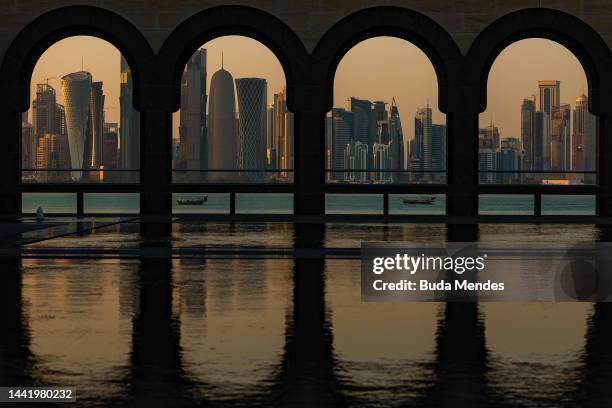 Doha Bay with the skyline of the city in the background taken from the Museum of Islamic art ahead of the FIFA World Cup Qatar 2022 at on November...