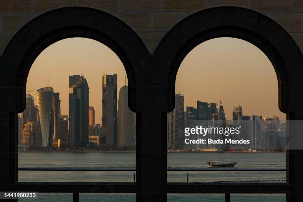 Doha Bay with the skyline of the city in the background taken from the Museum of Islamic art ahead of the FIFA World Cup Qatar 2022 at on November...