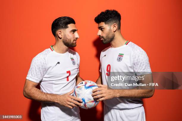 Alireza Jahanbakhsh and Mehdi Taremi of IR Iran pose during the official FIFA World Cup Qatar 2022 portrait session on November 15, 2022 in Doha,...