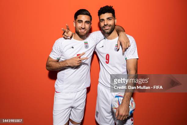 Alireza Jahanbakhsh and Mehdi Taremi of IR Iran pose during the official FIFA World Cup Qatar 2022 portrait session on November 15, 2022 in Doha,...