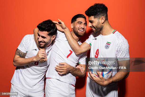 Saeid Ezatolahi, Alireza Jahanbakhsh and Mehdi Taremi of IR Iran pose during the official FIFA World Cup Qatar 2022 portrait session on November 15,...