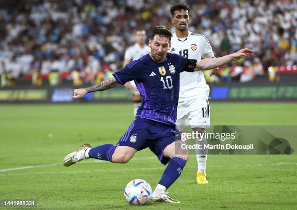 Leo Messi of Argentina in action during the international friendly between United Arab Emirates and Argentina on November 16, 2022 in Abu Dhabi,...