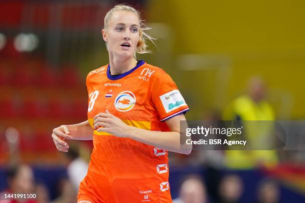 Kelly Dulfer of the Netherlands during the Main Round - EHF EURO 2022 match between Netherlands and Montenegro at the Arena Boris Trajkovski on...