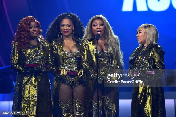 Tamika Scott, Kandi Burruss, Tameka Cottle and LaTocha Scott of Xscape accept the Lady of Soul Award onstage during the 2022 Soul Train Awards...