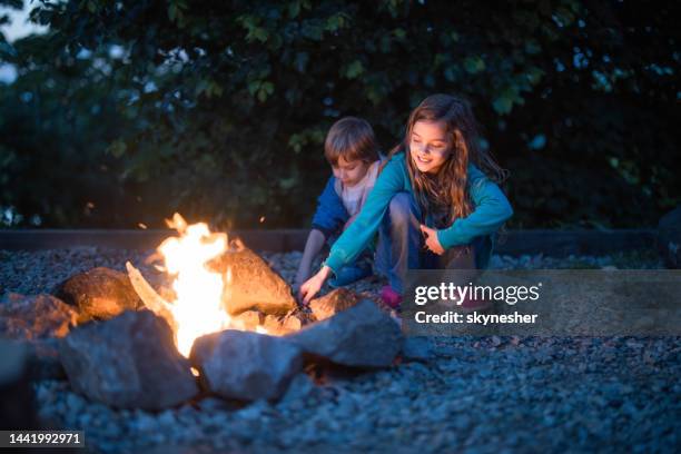 small siblings enjoying by the bonfire in the evening. - open fire stock pictures, royalty-free photos & images