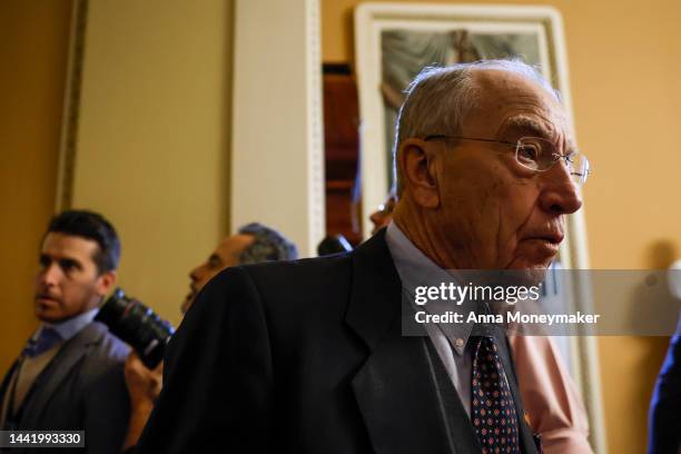 Sen. Chuck Grassley leaves a meeting with the Senate Republicans at the U.S. Capitol on November 16, 2022 in Washington, DC. During the meeting...