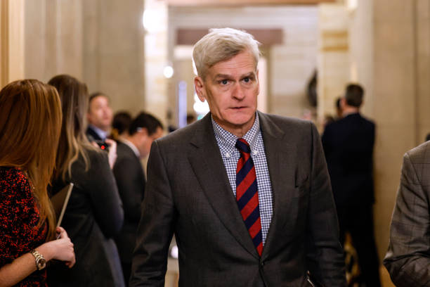 Sen. Bill Cassidy leaves a meeting with the Senate Republicans at the U.S. Capitol on November 16, 2022 in Washington, DC. During the meeting Senate...
