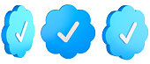 Blue checkmark in three rotated versions. Authenticated twitter accounts concept. Isolated on transparent background.
