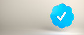 Blue checkmark above background. Authenticated accounts concept. Web banner format