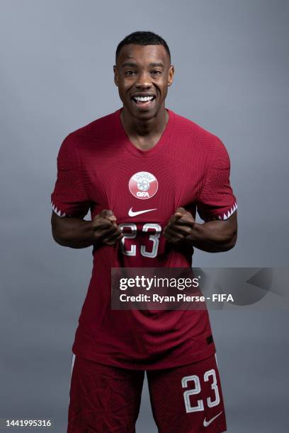 Assim Madibo of Qatar poses during the official FIFA World Cup Qatar 2022 portrait session on November 16, 2022 in Doha, Qatar.