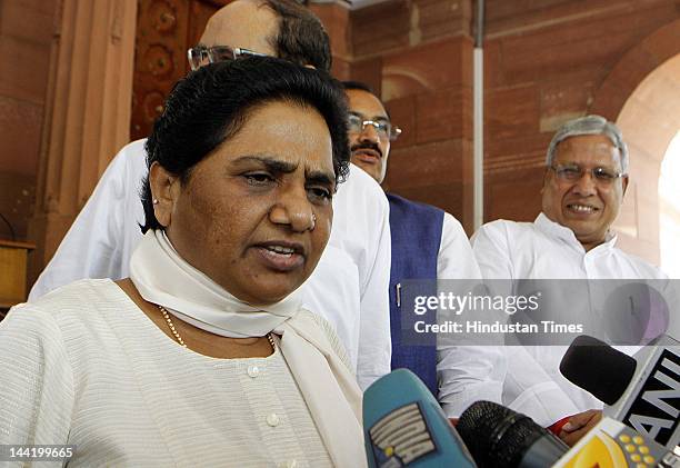 Chief Mayawati addresses the media after attending the on-going budget session at parliament House on May 11, 2012 in New Delhi, India. The...