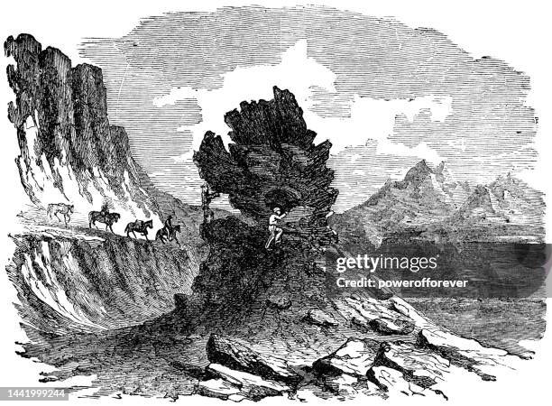tintron lava tube cave at thingvellir national park in iceland - 19th century - thingvellir stock illustrations