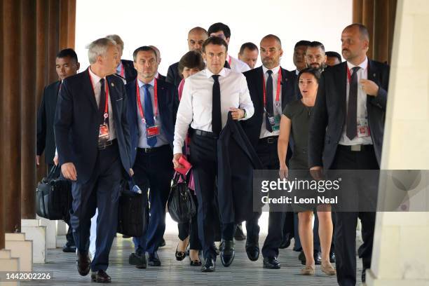 President Emmanuel Macron of France arrives ahead of an emergency meeting of leaders at the G20 summit following the overnight missile strike by a...