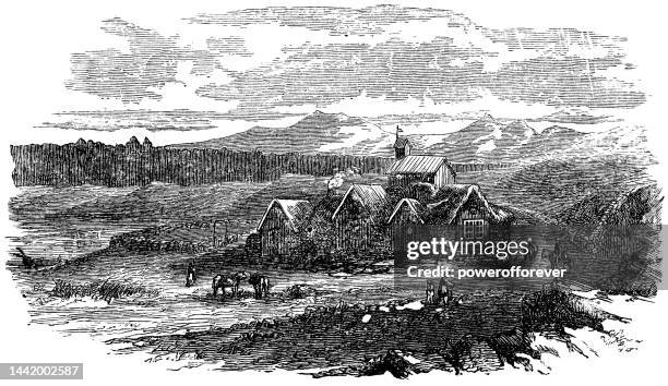 thingvallakirkja church and thingvallabær houses at thingvellir national park in iceland - 19th century - thingvellir stock illustrations