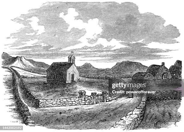thingvallakirkja church at thingvellir national park in iceland - 19th century - thingvellir stock illustrations