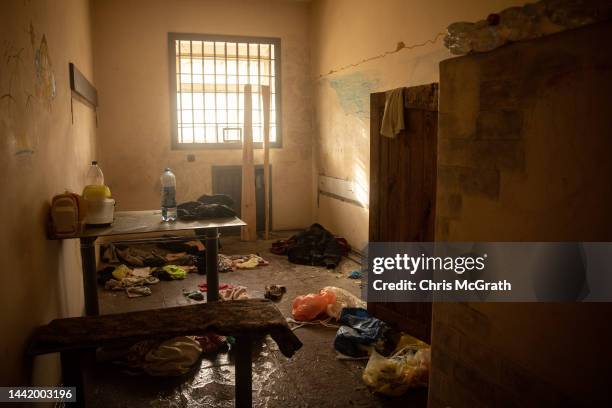 Items are seen inside a cell at a preliminary detention centre which is believed to have been used by Russian forces to jail and torture civilians on...