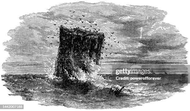 geldungur at the vestmannaeyjabær islands in iceland - 19th century - stack rock stock illustrations