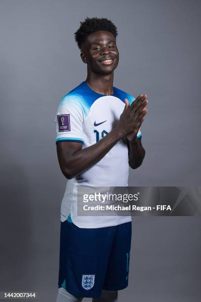 Bukayo Saka of England poses during the official FIFA World Cup Qatar 2022 portrait session on November 16, 2022 in Doha, Qatar.