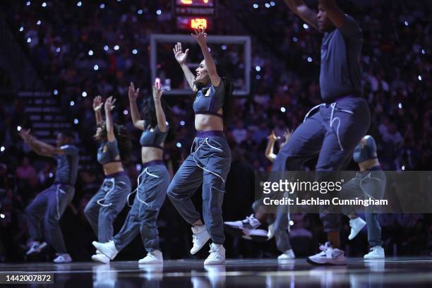 The Sacramento Kings dance team perform during the game against the Golden State Warriors at Golden 1 Center on November 13, 2022 in Sacramento,...
