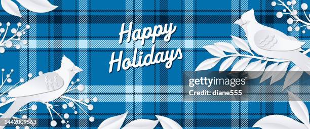 ilustrações de stock, clip art, desenhos animados e ícones de blue paper cut plaid christmas cardinal template - blue cardinal bird