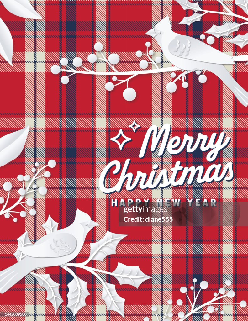 Red Paper Cut Plaid Christmas Cardinal Template