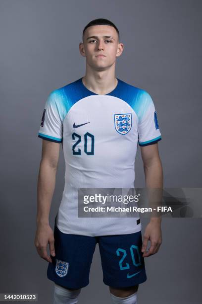 Phil Foden of England poses during the official FIFA World Cup Qatar 2022 portrait session on November 16, 2022 in Doha, Qatar.