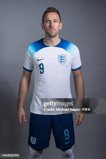 Harry Kane of England poses during the official FIFA World Cup Qatar 2022 portrait session on November 16, 2022 in Doha, Qatar.