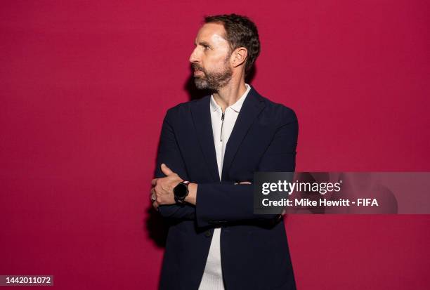 Gareth Southgate, Head Coach of England, poses during the official FIFA World Cup Qatar 2022 portrait session on November 16, 2022 in Doha, Qatar.