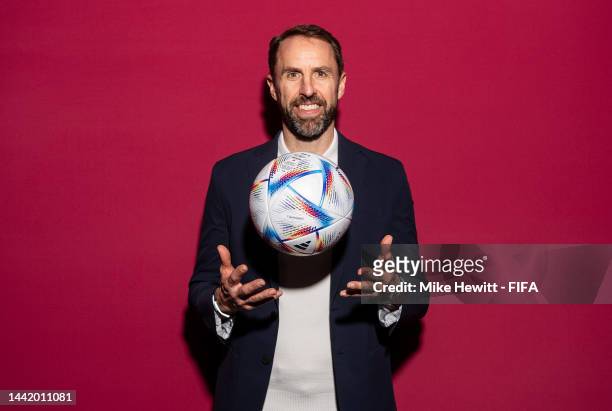 Gareth Southgate, Head Coach of England, poses during the official FIFA World Cup Qatar 2022 portrait session on November 16, 2022 in Doha, Qatar.