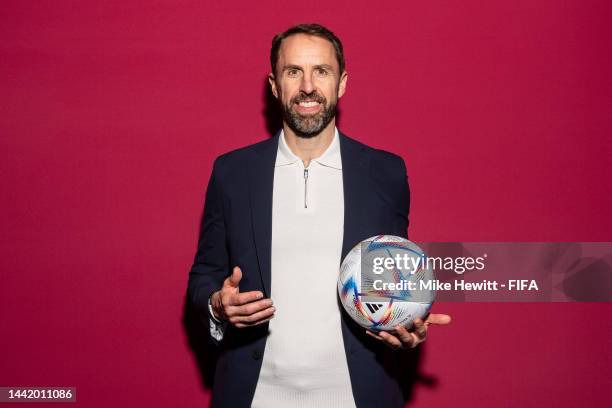 Gareth Southgate, Head Coach of England, poses during the official FIFA World Cup Qatar 2022 portrait session on November 16, 2022 in Doha, Qatar.