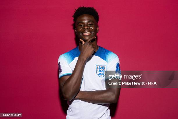 Bukayo Saka of England poses during the official FIFA World Cup Qatar 2022 portrait session on November 16, 2022 in Doha, Qatar.