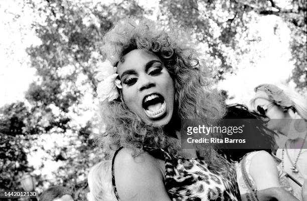 Close-up of American drag performer and model RuPaul during Wigstock, an annual drag festival, in Tompkins Square Park, New York, New York, September...