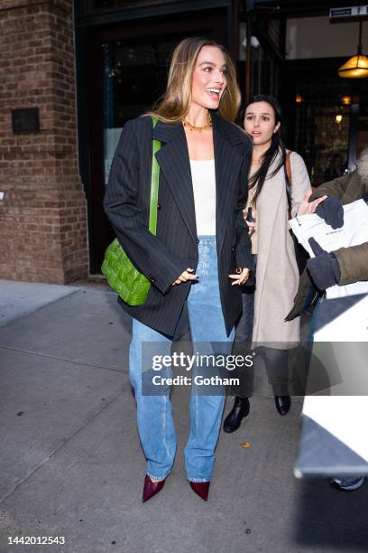 Margot Robbie is seen in Tribeca on November 16, 2022 in New York City.