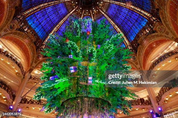 Christmas Tree inside the Galeries Lafayette during "Planete Sapin": Galeries Lafayette Christmas decorations inauguration at Galeries Lafayette on...