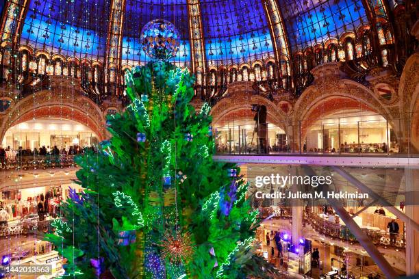 Christmas Tree inside the Galeries Lafayette during "Planete Sapin": Galeries Lafayette Christmas decorations inauguration at Galeries Lafayette on...