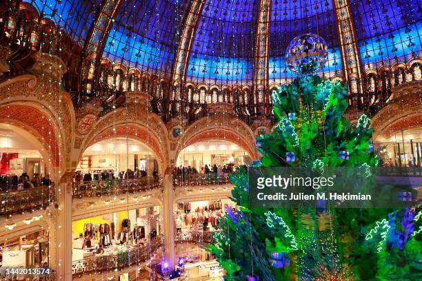 Christmas Tree inside the Galeries Lafayette during "Planete Sapin": Galeries Lafayette Christmas decorations inauguration at Galeries Lafayette on...