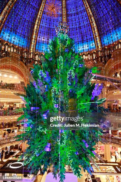 Christmas Tree inside the Galeries Lafayette during "Planete Sapin": Galeries Lafayette Christmas decorations inauguration at Galeries Lafayette on...