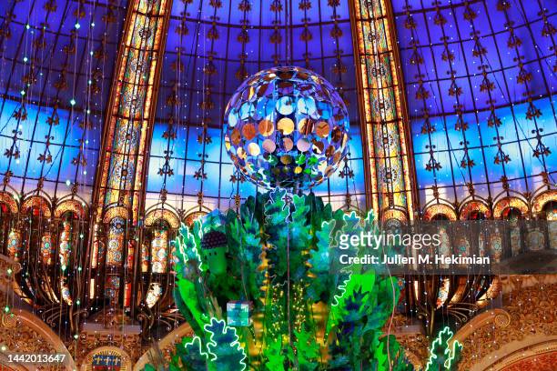 Christmas Tree inside the Galeries Lafayette during "Planete Sapin": Galeries Lafayette Christmas decorations inauguration at Galeries Lafayette on...