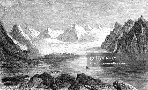 ilustraciones, imágenes clip art, dibujos animados e iconos de stock de glaciar waggonwaybreen en magdalenefjorden en la isla spitsbergen en el norte de noruega - siglo 19 - mar noruego