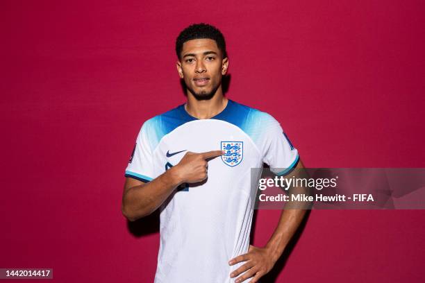 Jude Bellingham of England poses during the official FIFA World Cup Qatar 2022 portrait session on November 16, 2022 in Doha, Qatar.