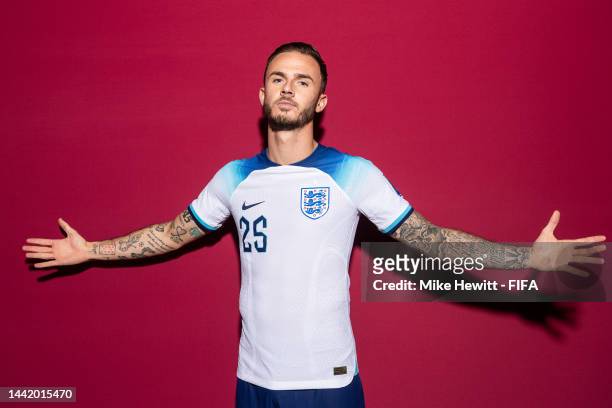 James Maddison of England poses during the official FIFA World Cup Qatar 2022 portrait session on November 16, 2022 in Doha, Qatar.