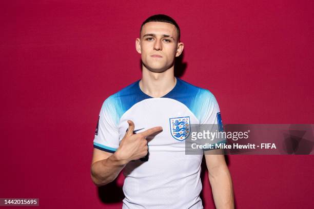 Phil Foden of England poses during the official FIFA World Cup Qatar 2022 portrait session on November 16, 2022 in Doha, Qatar.