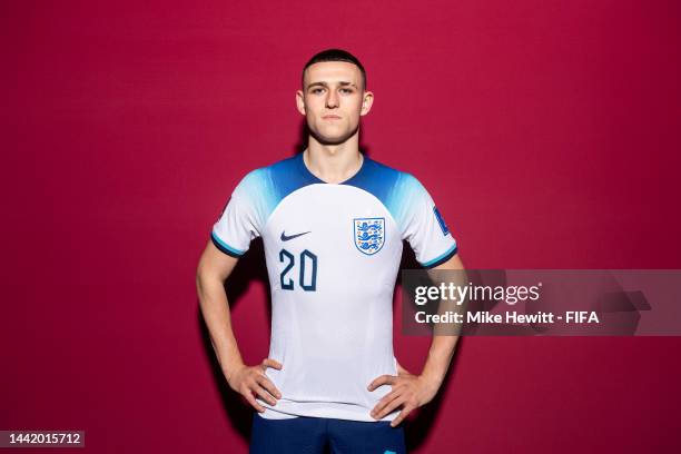 Phil Foden of England poses during the official FIFA World Cup Qatar 2022 portrait session on November 16, 2022 in Doha, Qatar.