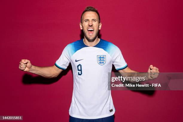 Harry Kane of England poses during the official FIFA World Cup Qatar 2022 portrait session on November 16, 2022 in Doha, Qatar.