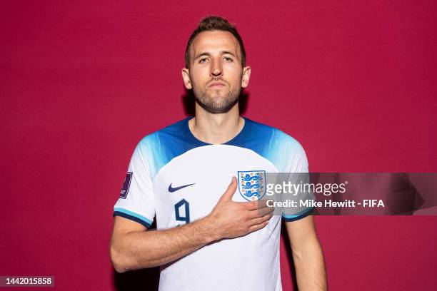 Harry Kane of England poses during the official FIFA World Cup Qatar 2022 portrait session on November 16, 2022 in Doha, Qatar.